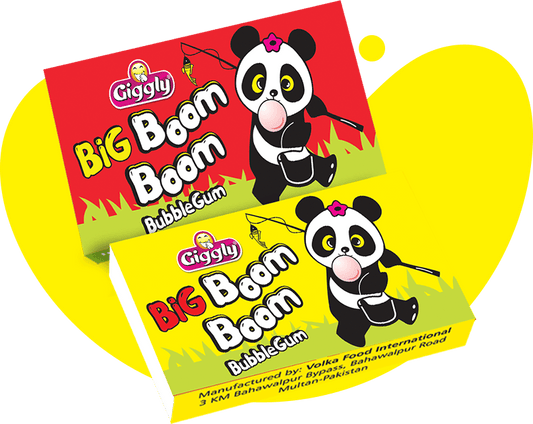 Two boxes of Giggly Big Boom Boom Bubble Gum with panda characters on a yellow heart background.