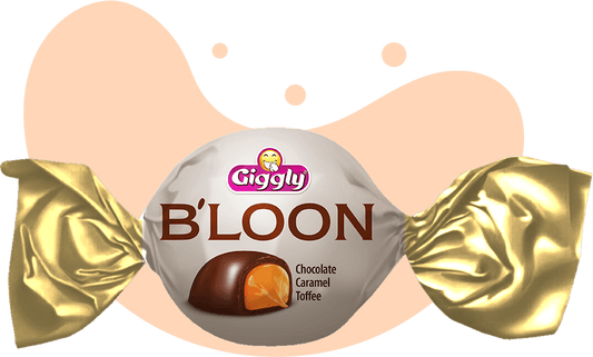 Giggly B'loon chocolate candy with gold wrapper on a black background