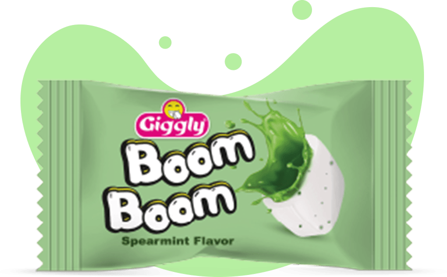 Giggly Boom Boom spearmint flavor packet on a black background