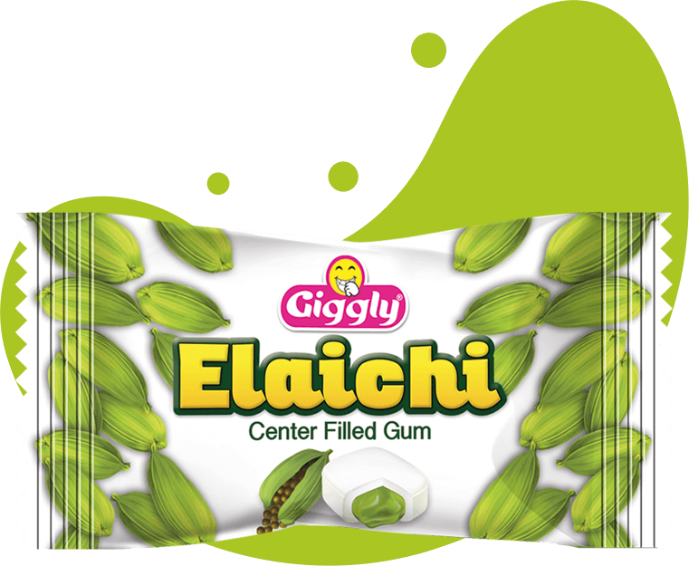 Giggly Elaichi center filled gum packaging with green leaves on a white background