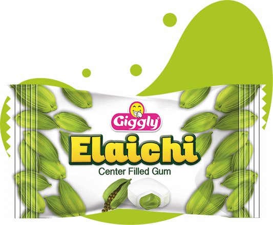 Giggly Elaichi center filled gum packaging with green leaves on a white background