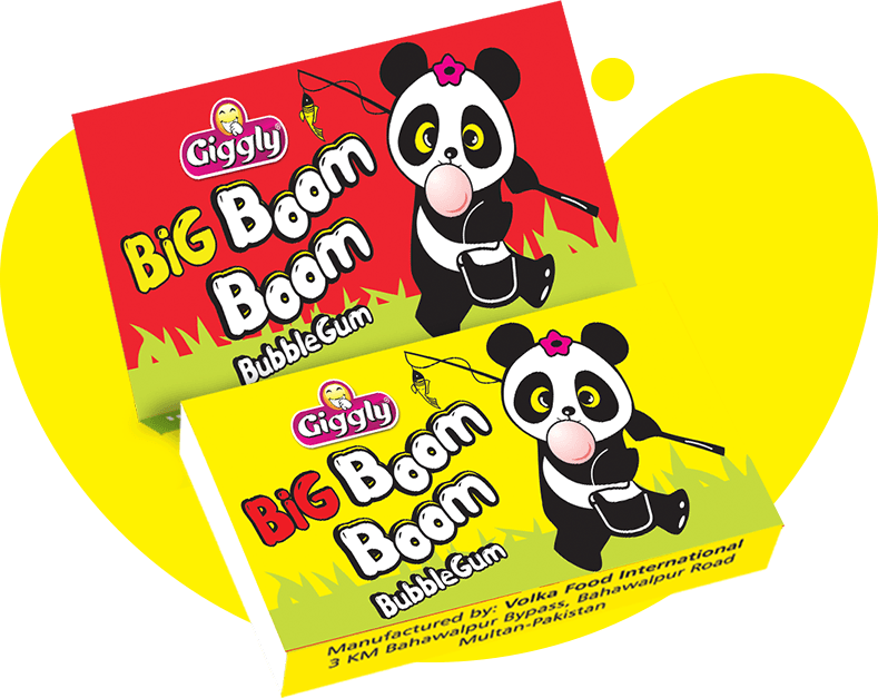 Two boxes of Giggly Big Boom Boom Bubble Gum with panda characters on a yellow heart background.