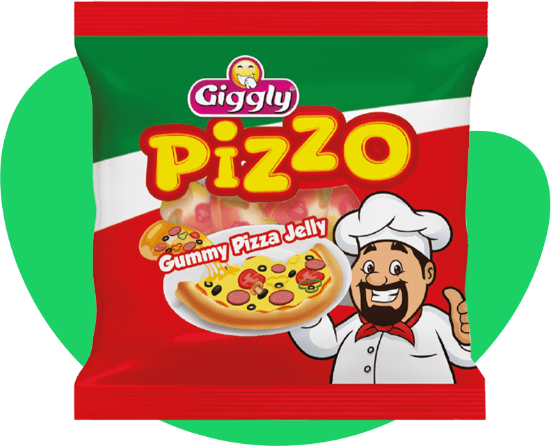Giggly Pizzo gummy pizza jelly packaging with a cartoon chef on a green heart background