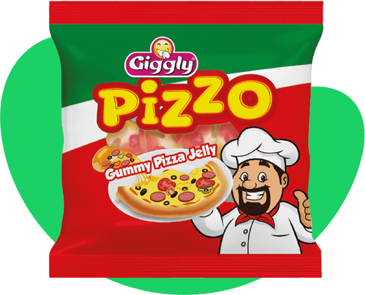 Giggly Pizzo gummy pizza jelly packaging with a cartoon chef on a green heart background